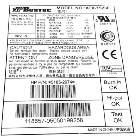 Bestec ATX-1523F 150 w hp 5185-2974 hp pavilion 554E 735N 740D ...