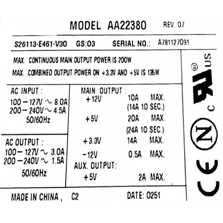 Astec 200w AA22380 S26113-E461-V30 - Computer, server power supply